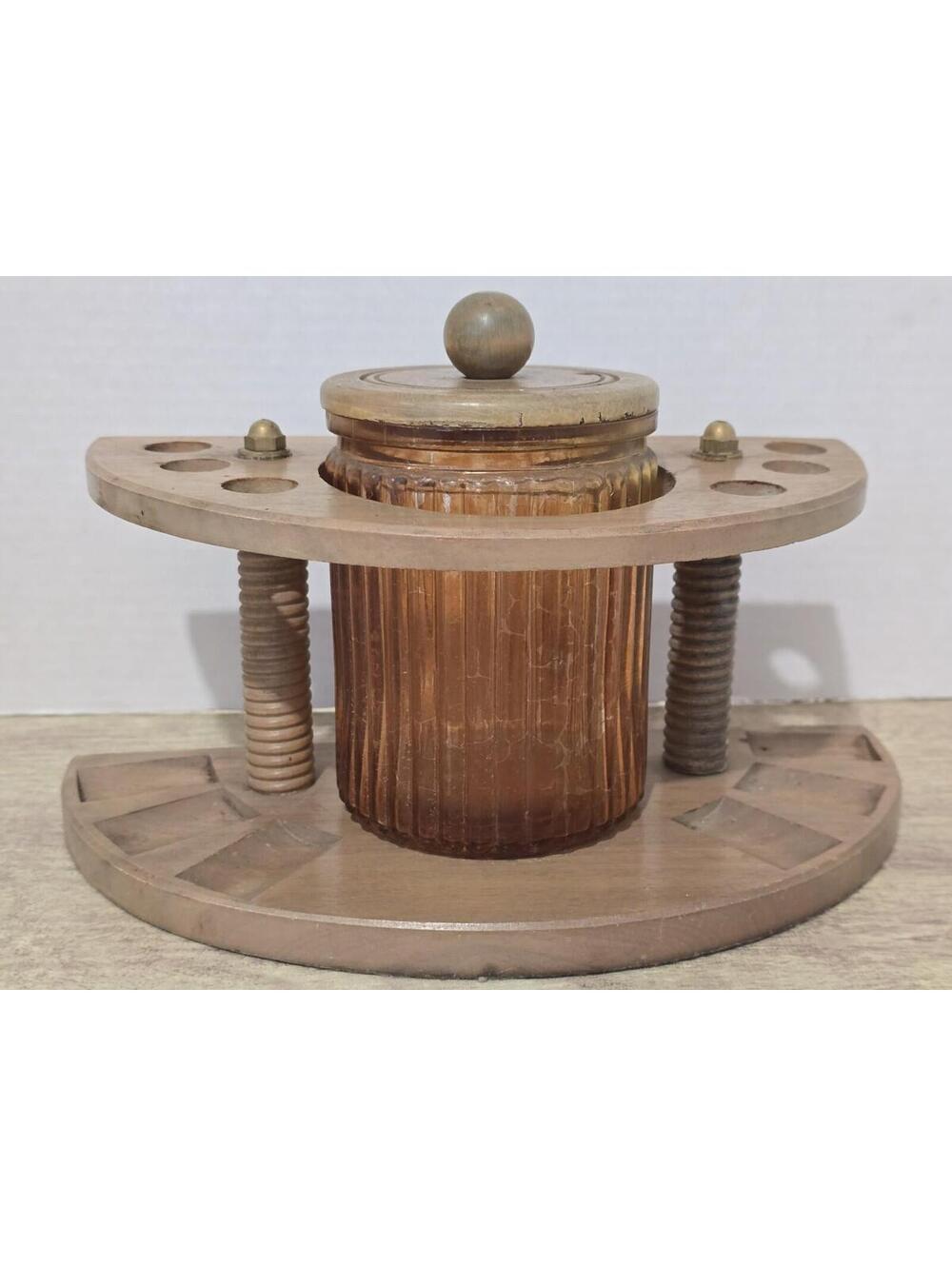 Vintage Dun Rite Wood Inc Pipe Stand Rack Duraglas Amber Glass Humidor Jar